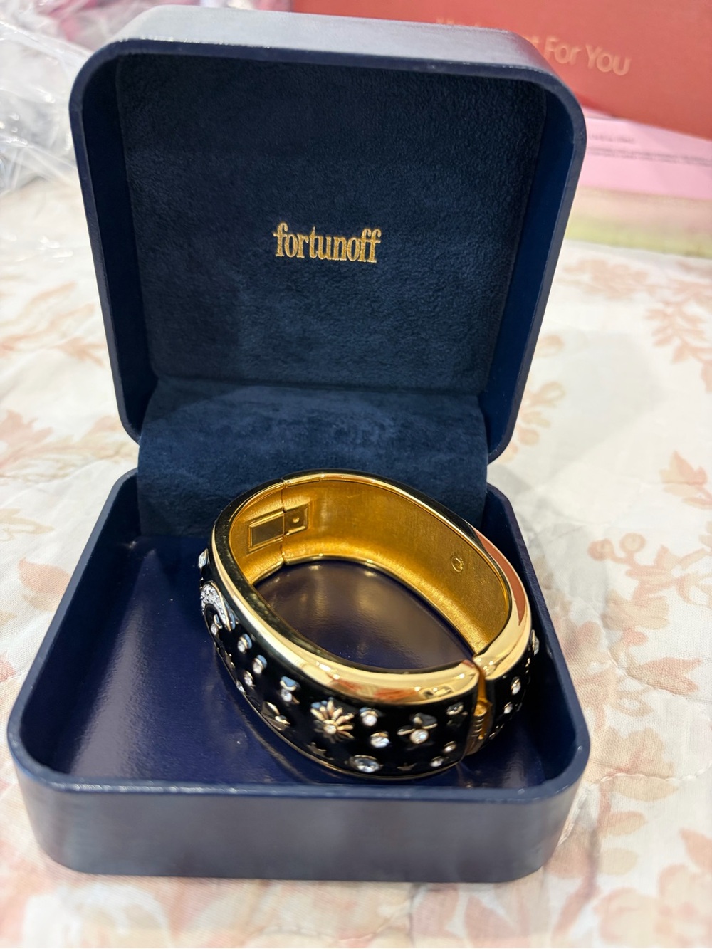 Fortunoff Vintage Black and Gold Crystal-Accented Hinged Bangle